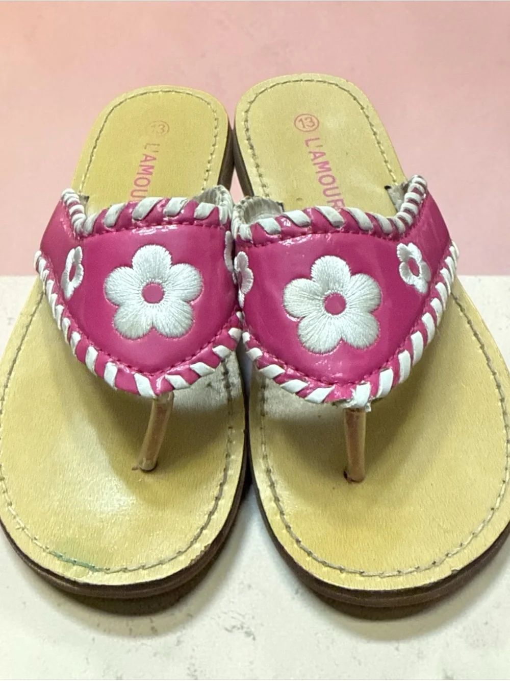 L'Amour Girls Pink Leather Whipstitch Floral Sandals Resort Preppy Size 13